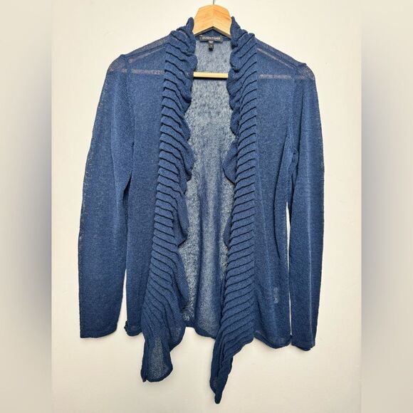 Eileen Fisher Navy Blue Linen Blend Cardigan Sweater Small S knitted ruffles - Picture 3 of 14